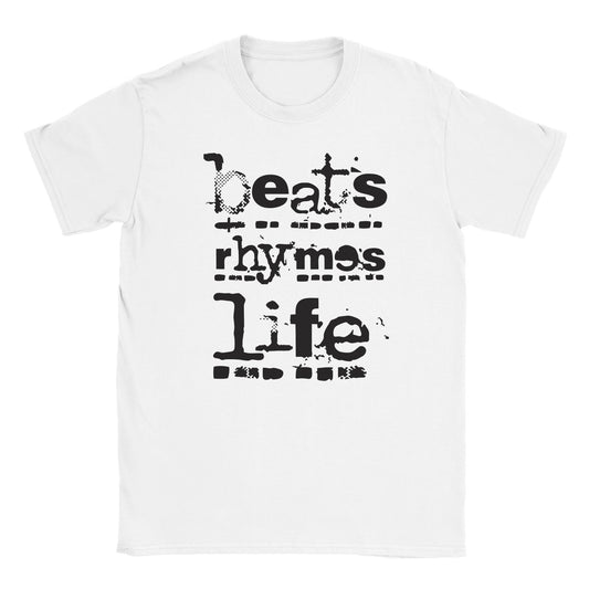 White T-shirt with black distressed “Beats Rhymes Life” text in glitch style – Obey the Static design by Two Souls Inc.