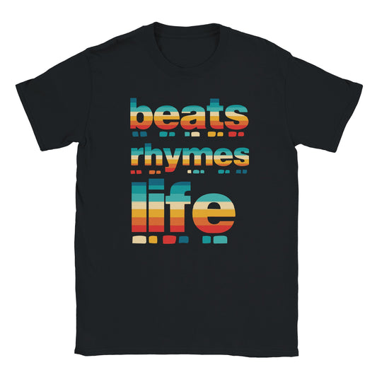 Black T-shirt with retro sunset gradient “Beats Rhymes Life” typography in vintage red, gold, and teal – Vintage Fade edition by Two Souls Inc.