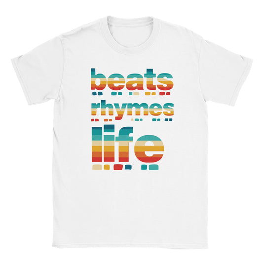 "Retro-themed t-shirt design with the words 'beats rhymes life' in bold, block stencil font filled with horizontal sunset-colored stripes—blending hip-hop culture with vintage aesthetics."

