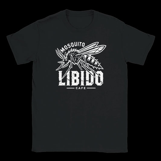 Black T-shirt with white graphic of an aggressive mosquito over bold distressed “LIBIDO Café” text – Bite Into The Buzz design by Two Souls Inc.