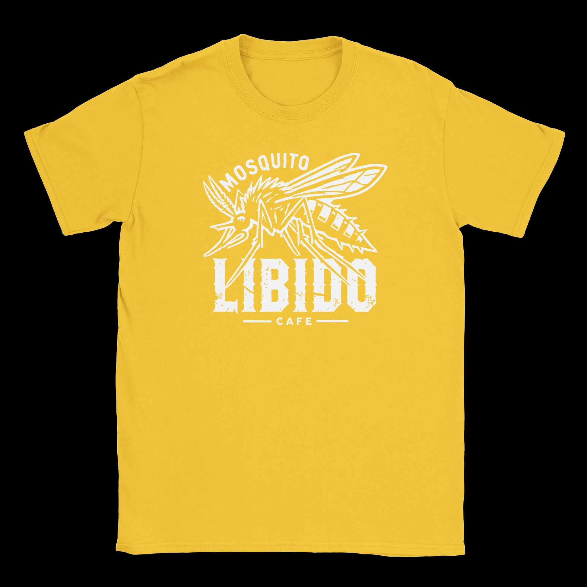 Daisy T-shirt with white graphic of an aggressive mosquito over bold distressed “LIBIDO Café” text – Bite Into The Buzz design by Two Souls Inc.