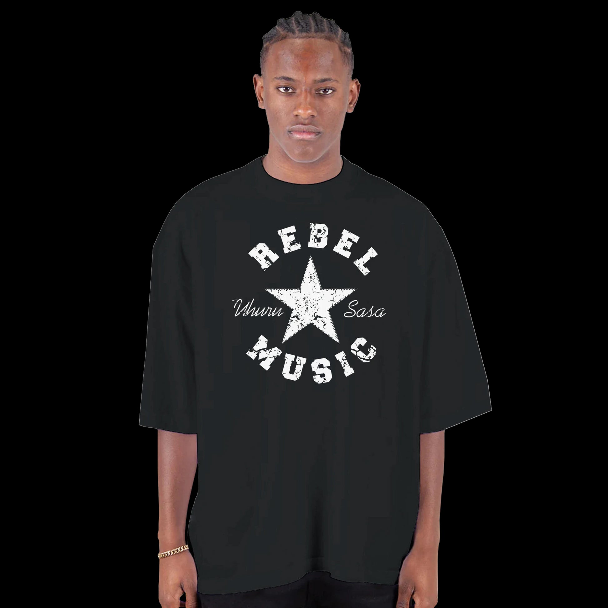 Black T-shirt with distressed white star, bold Rebel Music text, and Uhuru Sasa script front