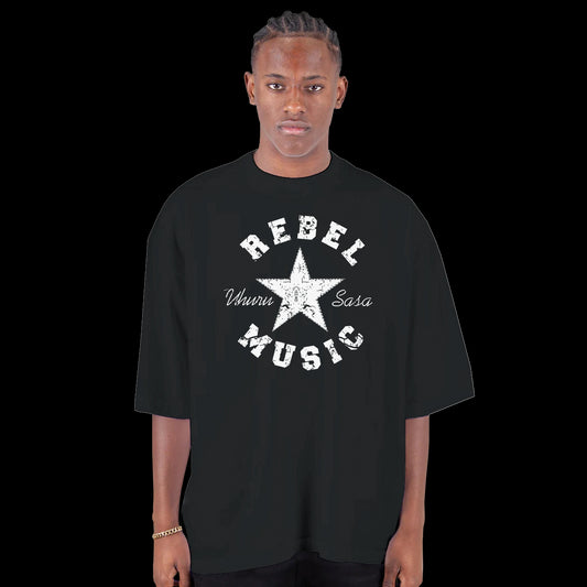 Black T-shirt with distressed white star, bold Rebel Music text, and Uhuru Sasa script front
