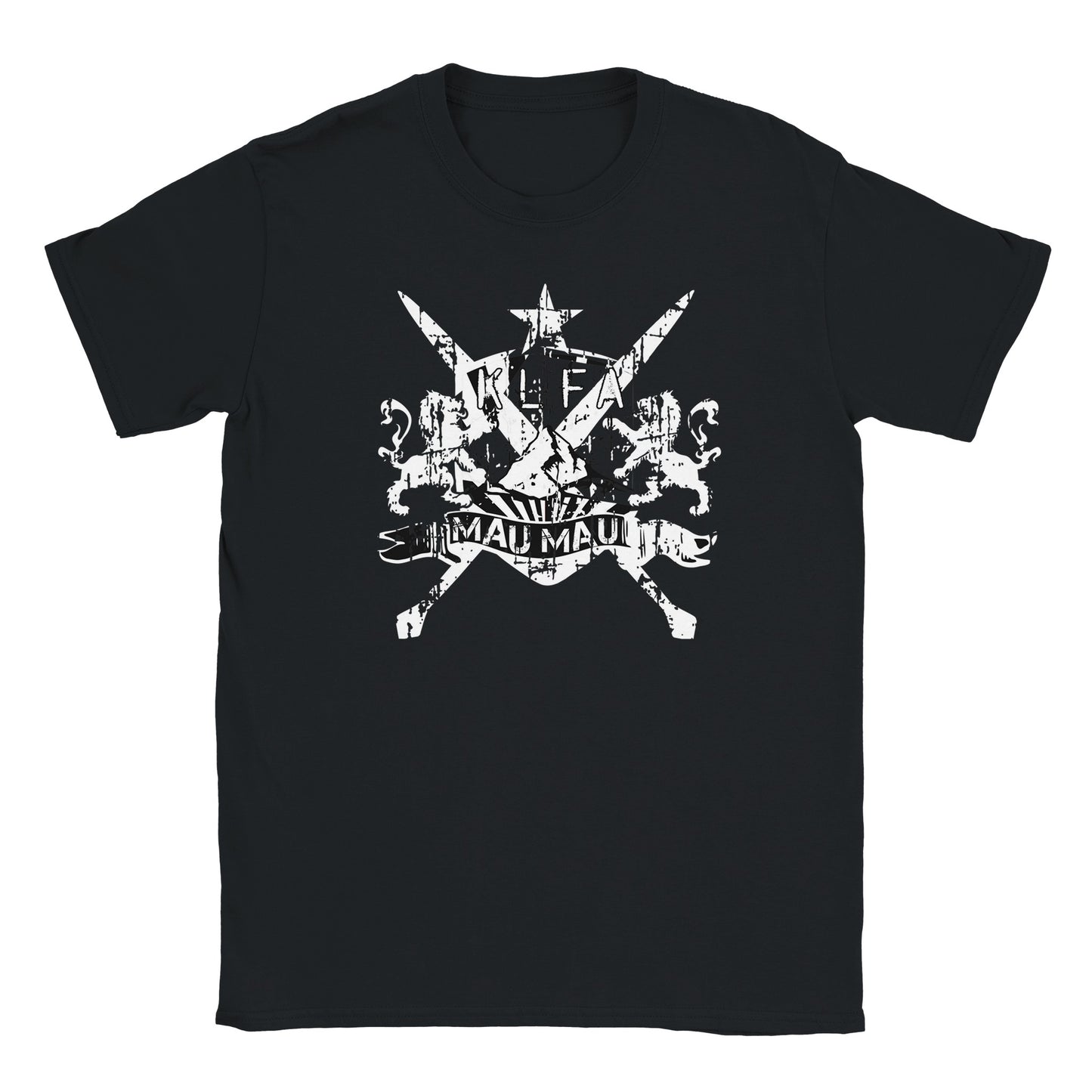 Distressed white graphic of Mau Mau rebel crest with crossed swords, lions, star, and “KLF” and “Mau Mau” text, printed on a black T-shirt.