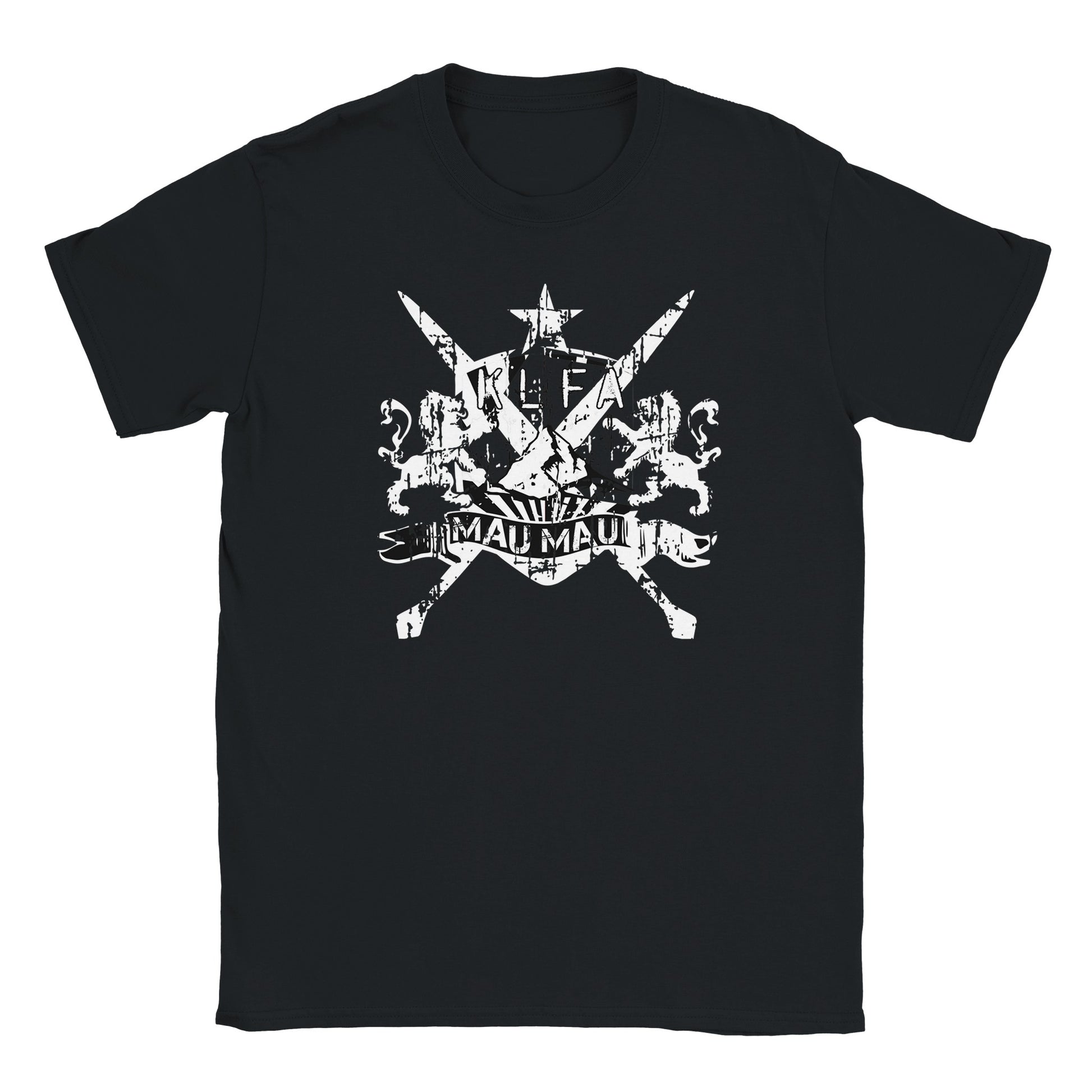 Distressed white graphic of Mau Mau rebel crest with crossed swords, lions, star, and “KLF” and “Mau Mau” text, printed on a black T-shirt.