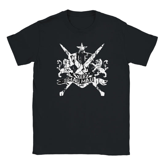 Distressed white graphic of Mau Mau rebel crest with crossed swords, lions, star, and “KLF” and “Mau Mau” text, printed on a black T-shirt.