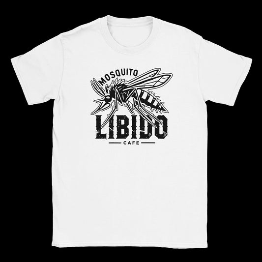 Black graphic of a stylized mosquito above distressed “Mosquito Libido Café” text printed on a white T-shirt