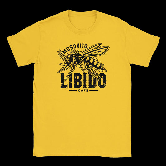 Black graphic of a stylized mosquito above distressed “Mosquito Libido Café” text printed on a yellow T-shirt