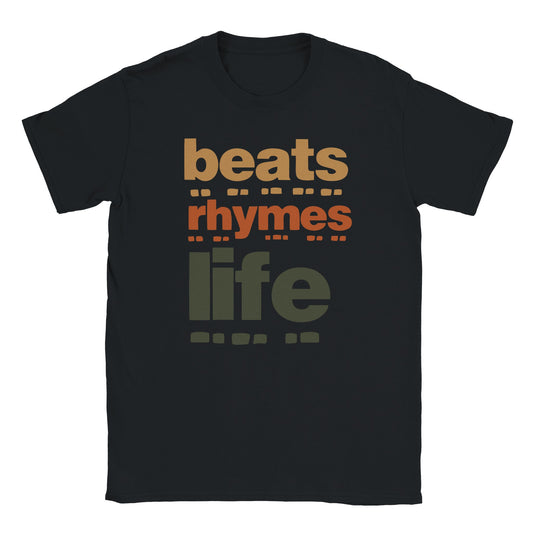 Black T-shirt with stacked text reading “beats rhymes life” in brown, red, and green with stylized block accents