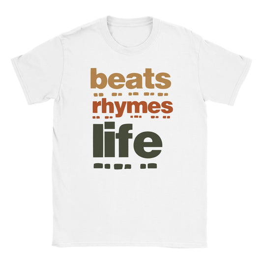 White T-shirt with stacked text reading “beats rhymes life” in brown, red, and green with stylized block accents