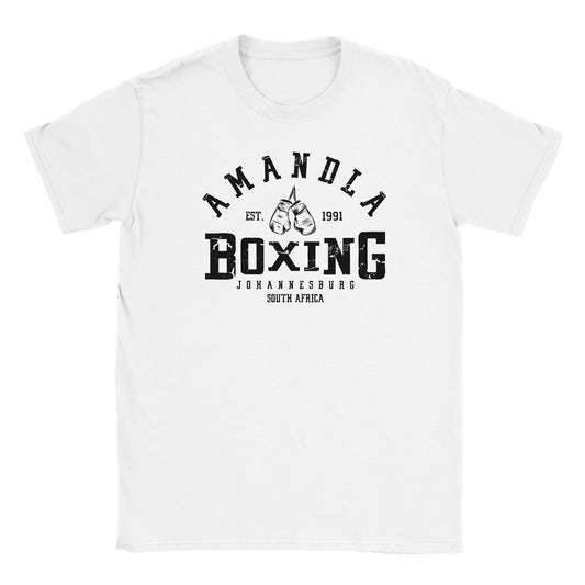 White T-shirt with black distressed text reading “Amandla Boxing Johannesburg South Africa” and graphic of vintage boxing gloves