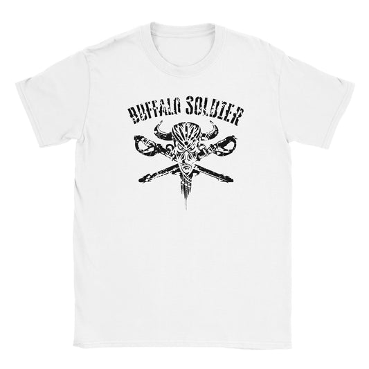 Buffalo Soldier graphic tee with tribal skull and crossed weapons design on white background
