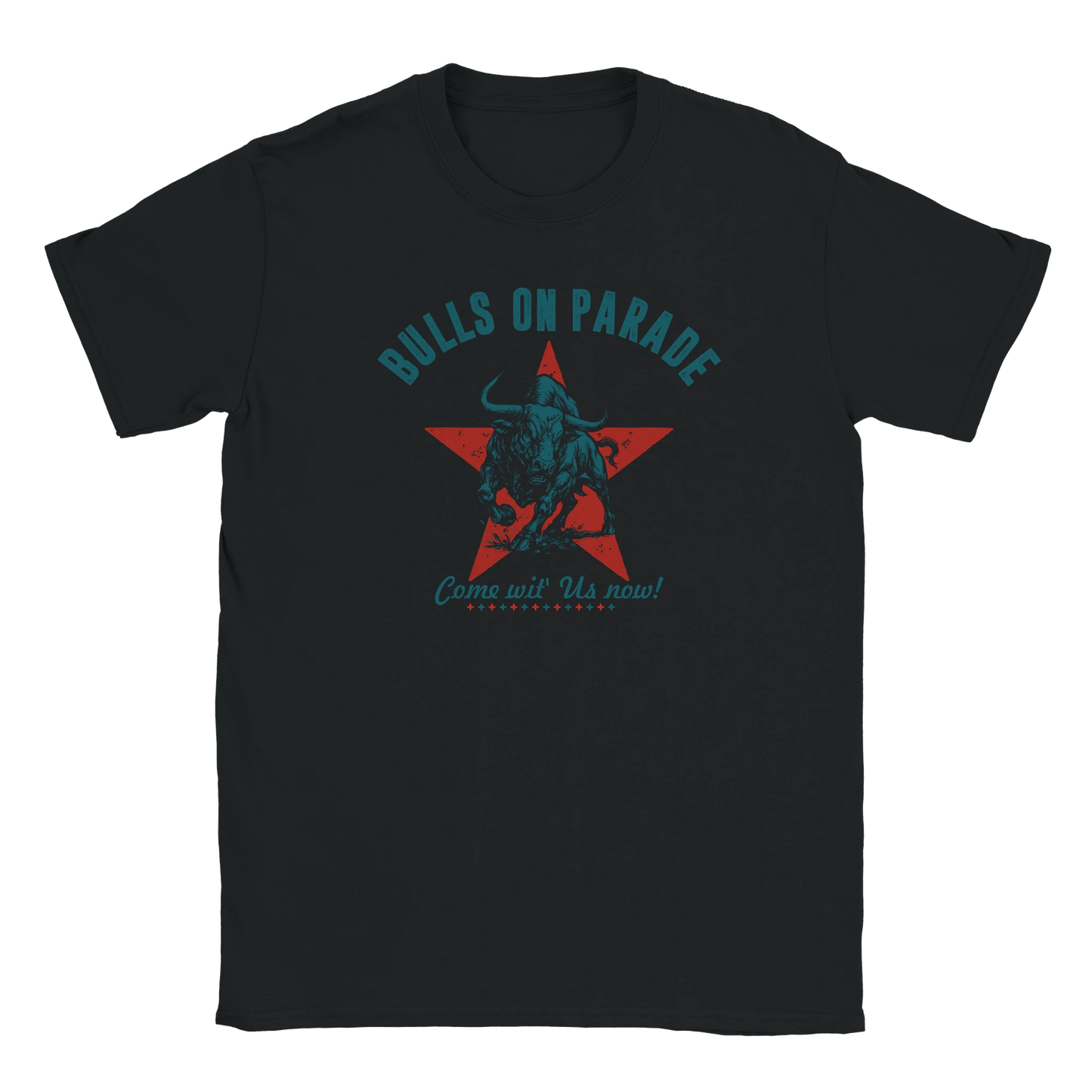 Bold bull silhouette inside distressed red star graphic on black T-shirt