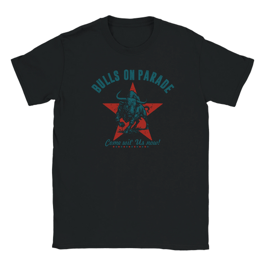 Bold bull silhouette inside distressed red star graphic on black T-shirt