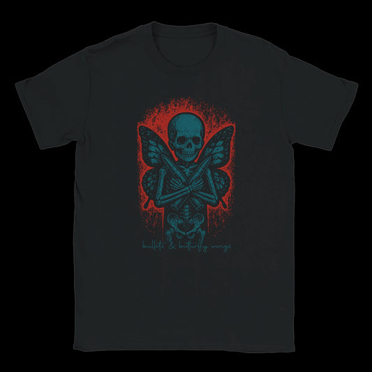 Blue skull with butterfly wings and crossed bullets on a red splash background black t-shirt