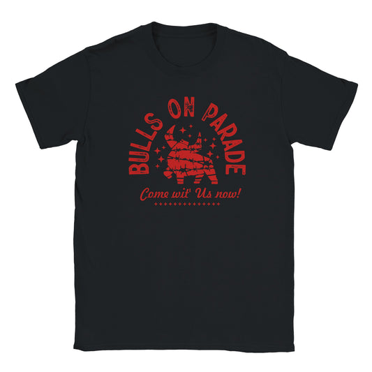 Red bull wrapped in barbed wire with bold bulls on parade and come wit us now text on a black t-shirt