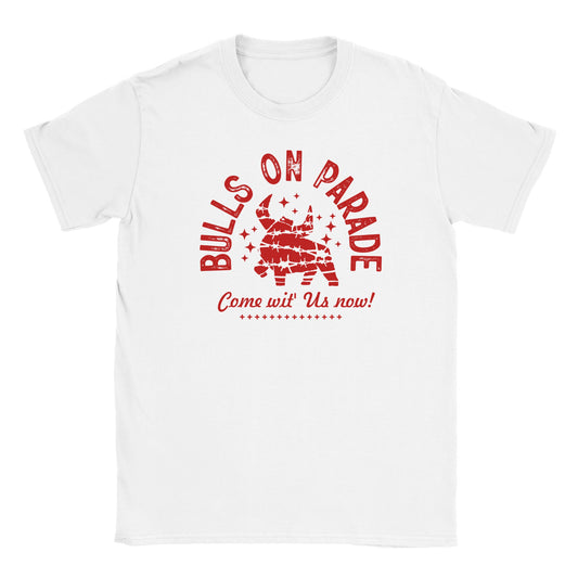 Red bull wrapped in barbed wire with bold bulls on parade and come wit us now text on a white t-shirt
