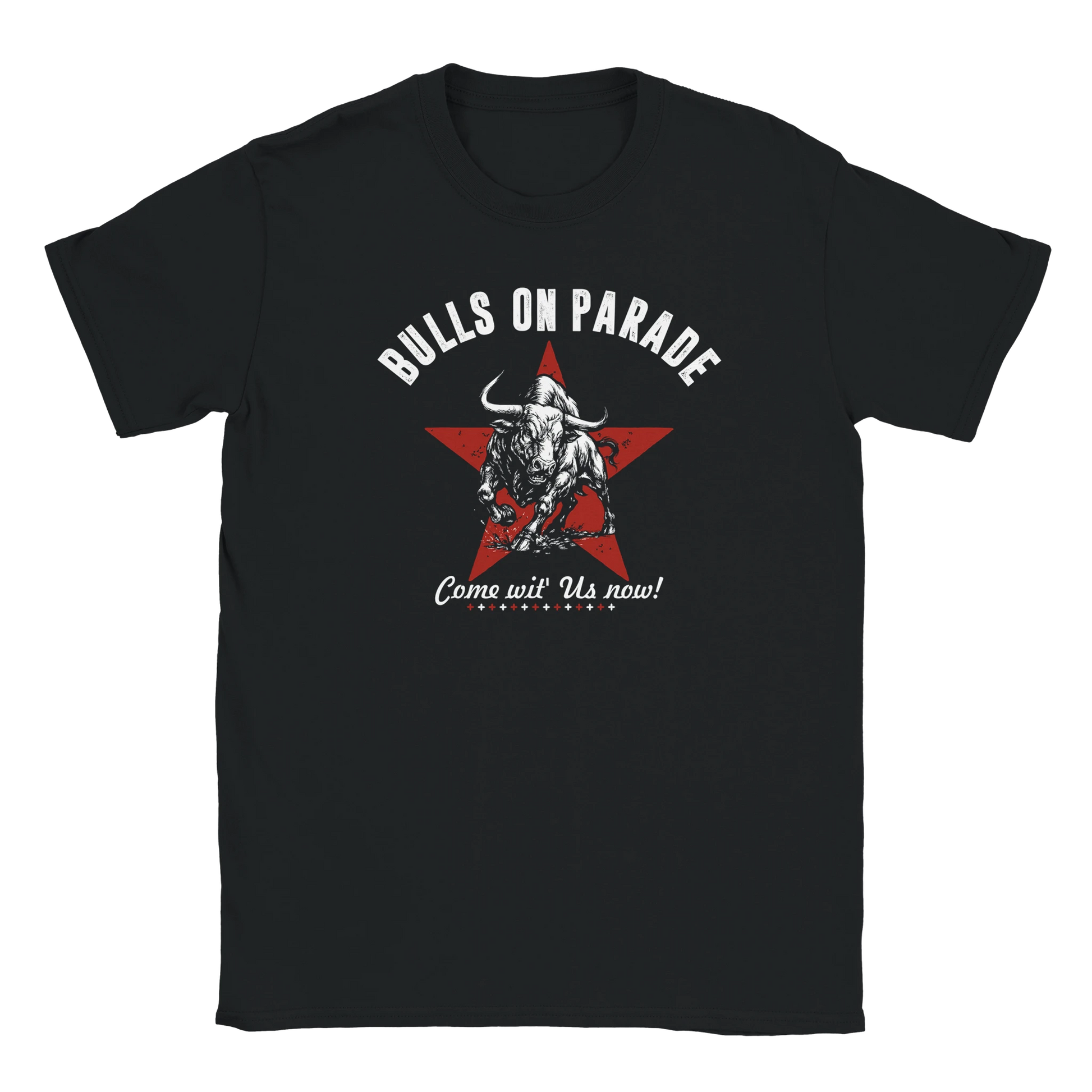 Distressed red star with charging bull silhouette on black T-shirt