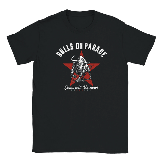 Distressed red star with charging bull silhouette on black T-shirt