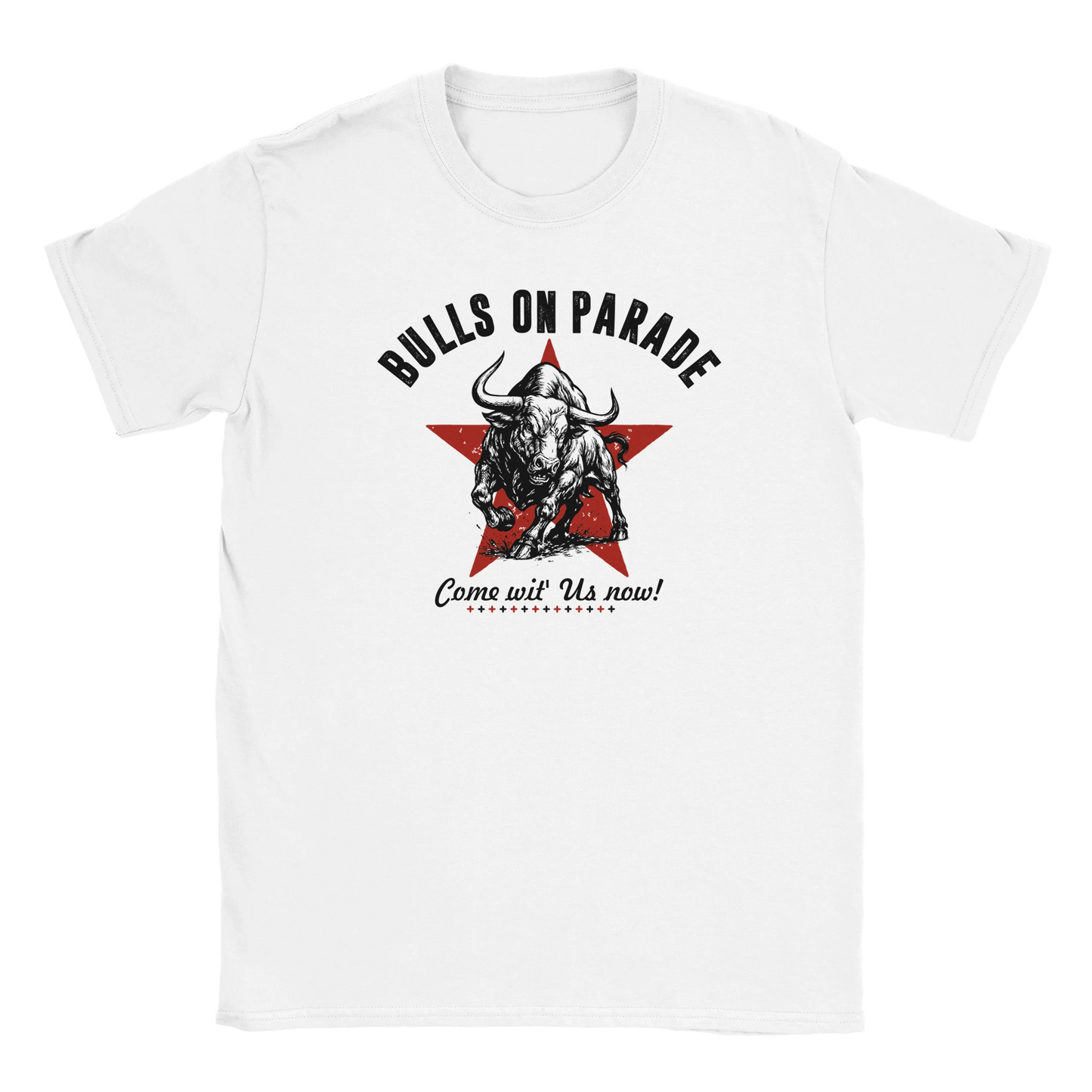 Red star with bull silhouette design on white T-shirt