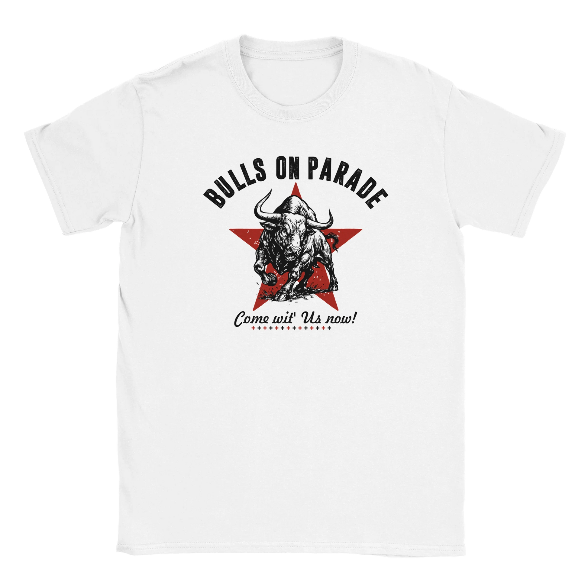 Red star with bull silhouette design on white T-shirt