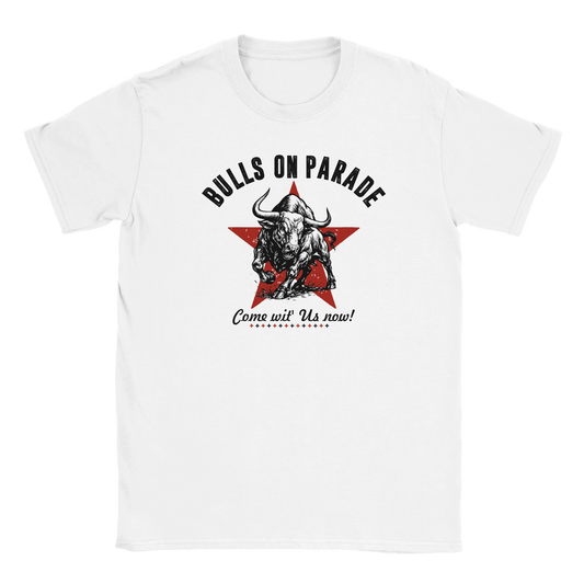 Red star with bull silhouette design on white T-shirt
