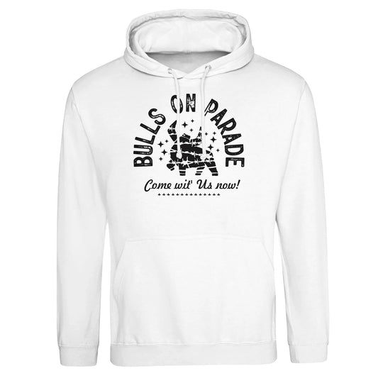  a stylized bull surrounded by stars and the text 'Bulls on Parade' above and 'Come wit’ Us now!' below—conveying rebellious energy and street-style attitude."

