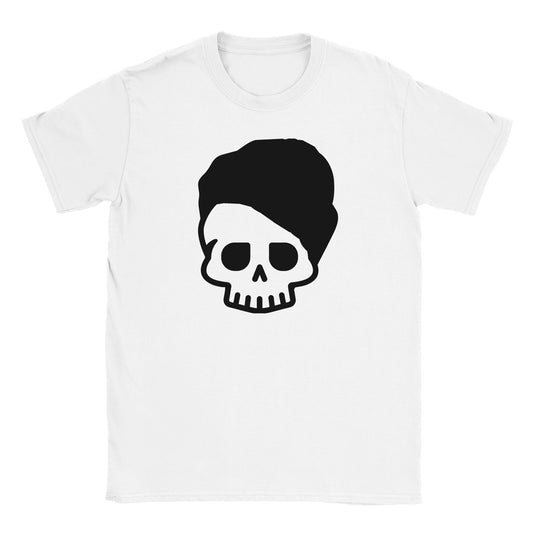 Black minimalist skull with swooped hair on a white t-shirt

