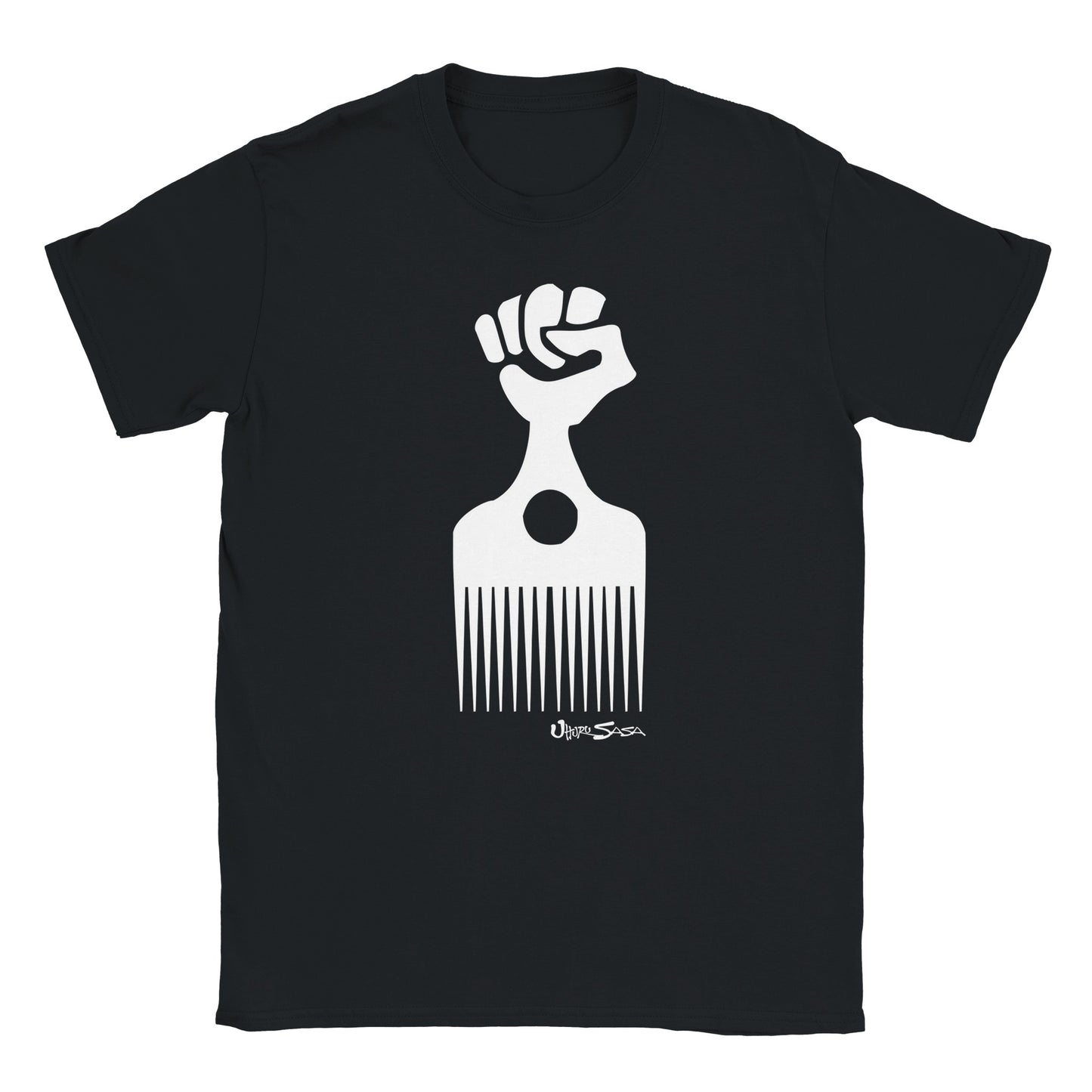 White afro pick with raised fist and Uhuru Sasa text on a black t-shirt