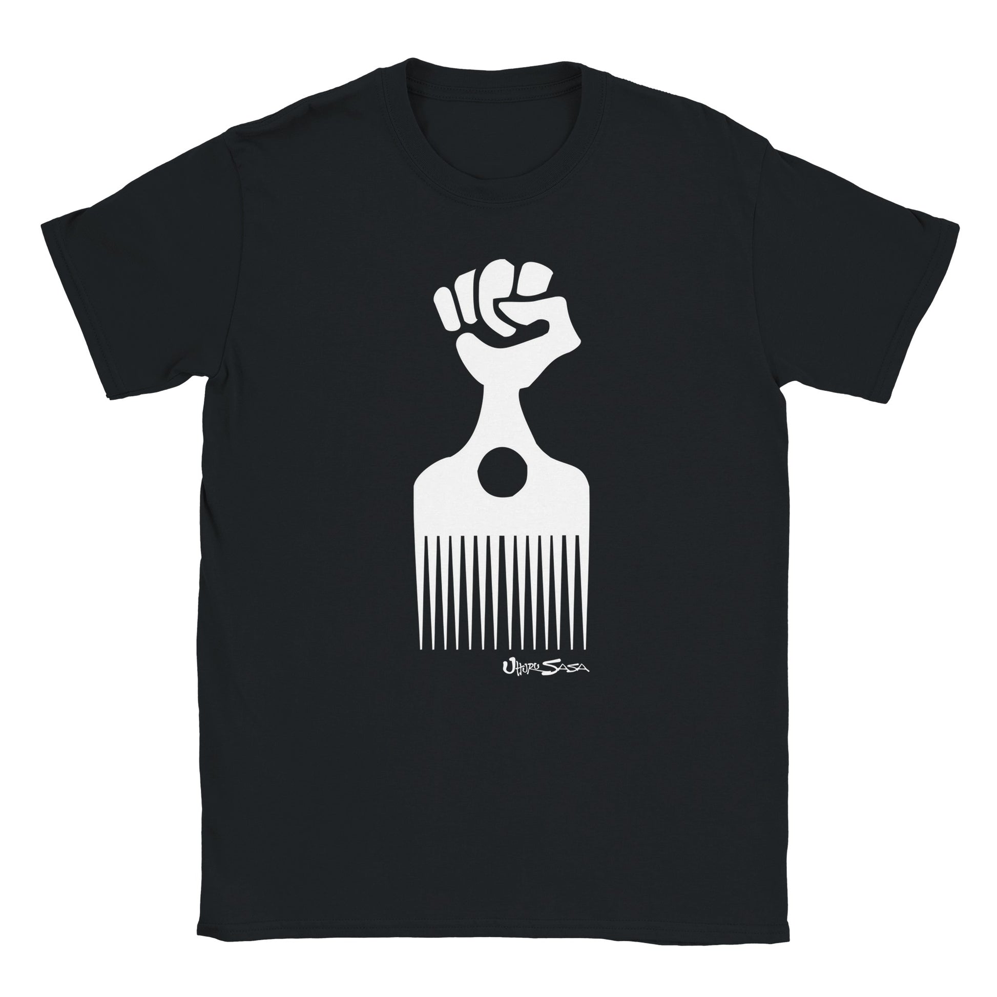 White afro pick with raised fist and Uhuru Sasa text on a black t-shirt