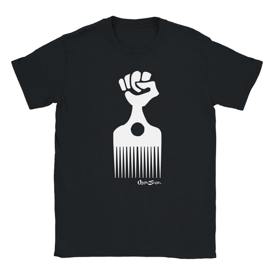 White afro pick with raised fist and Uhuru Sasa text on a black t-shirt