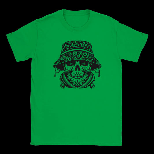 Intricate black sugar skull with floral bucket hat and bandana on a green t-shirt
