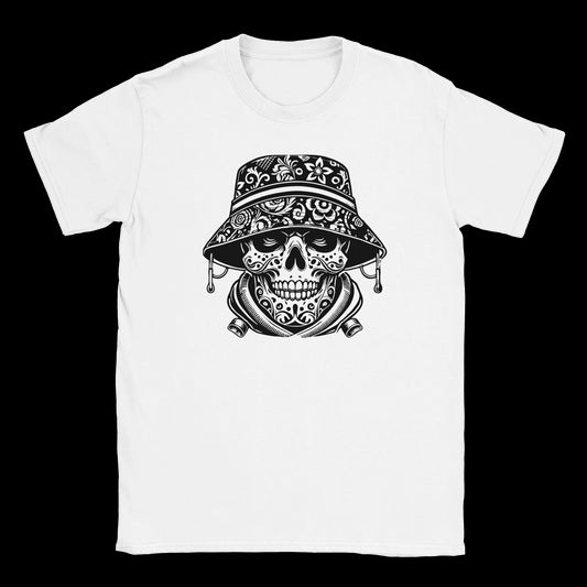 Intricate black and white sugar skull with floral bucket hat and bandana on a white t-shirt
