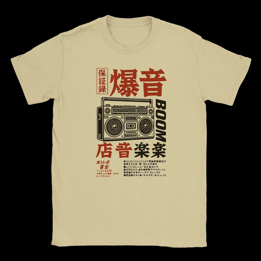 Dead Cassette Society Lo-Fi Noise Ritual natural T-shirt with Japanese boombox streetwear graphic