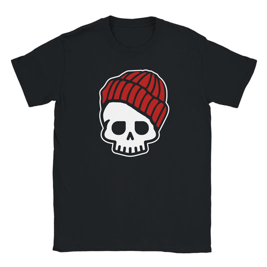 White skull graphic wearing red knit beanie with black outline on a black t-shirt