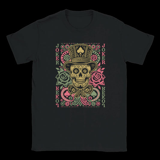 Neon yellow sugar skull with top hat and roses in a joker card design on a black t-shirt