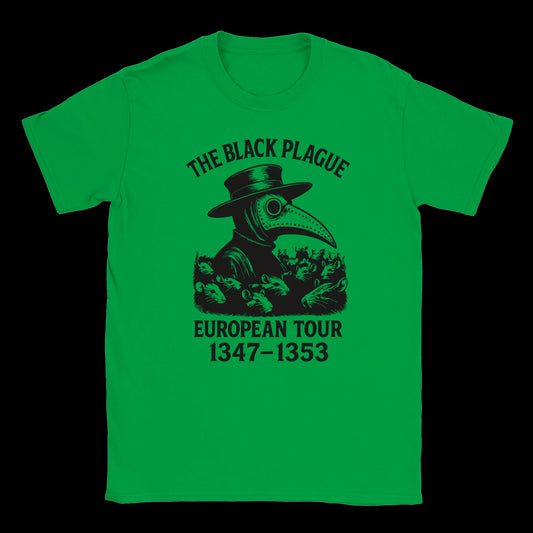 Plague doctor with beak mask surrounded by rats and bold text reading The Black Plague European Tour 1347–1353 on green t-shirt

