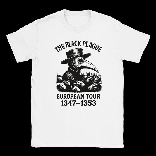 Plague doctor with beak mask surrounded by rats and bold text reading The Black Plague European Tour 1347–1353 on white t-shirt