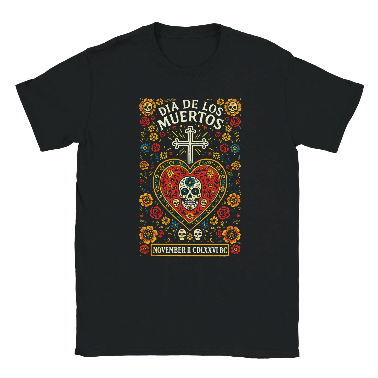 Día de los Muertos graphic design on black T-shirt with sugar skull sacred heart cross and colorful flowers