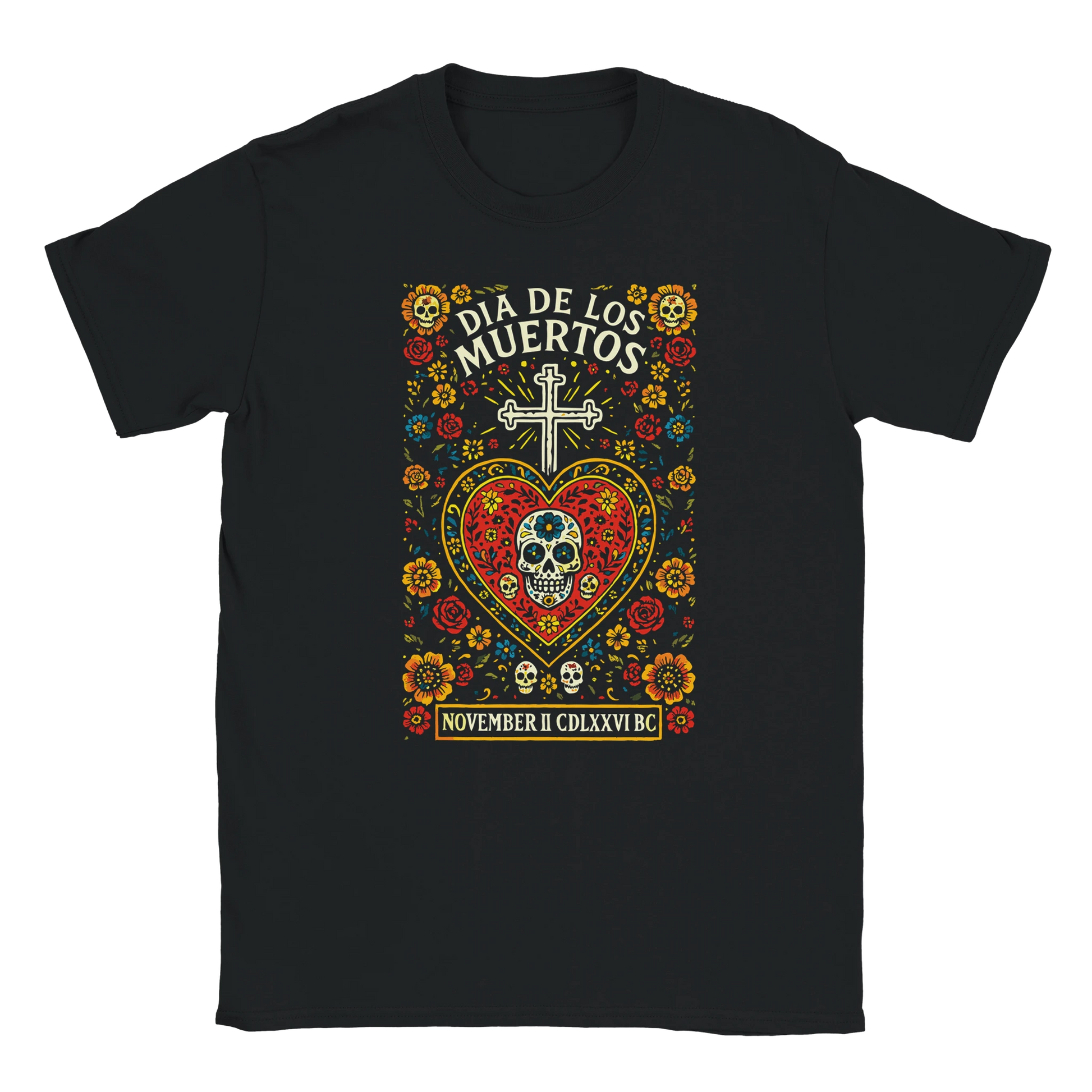 Día de los Muertos graphic design on black T-shirt with sugar skull sacred heart cross and colorful flowers