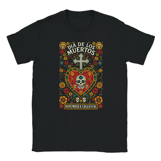 Día de los Muertos graphic design on black T-shirt with sugar skull sacred heart cross and colorful flowers