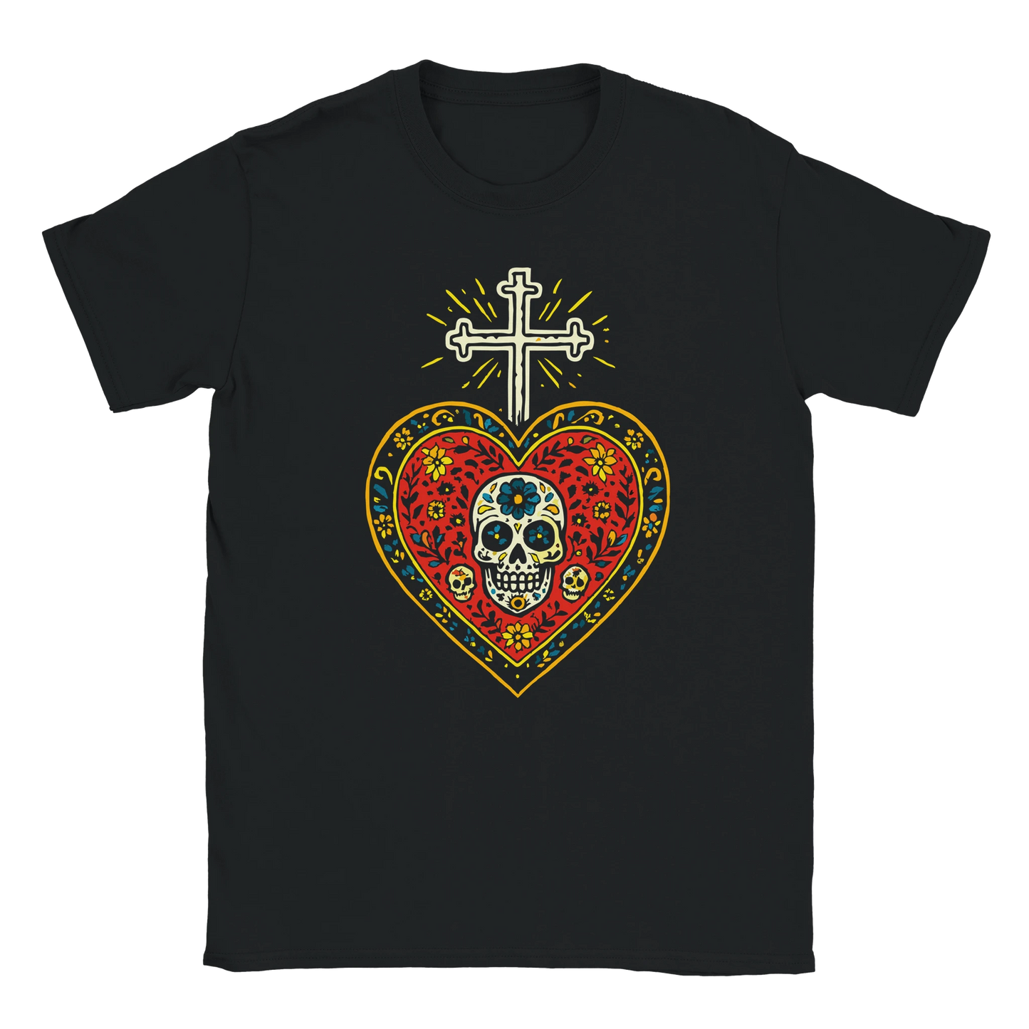 Día de los Muertos Sacred Skull Edition design on black T-shirt with sugar skull heart and glowing cross