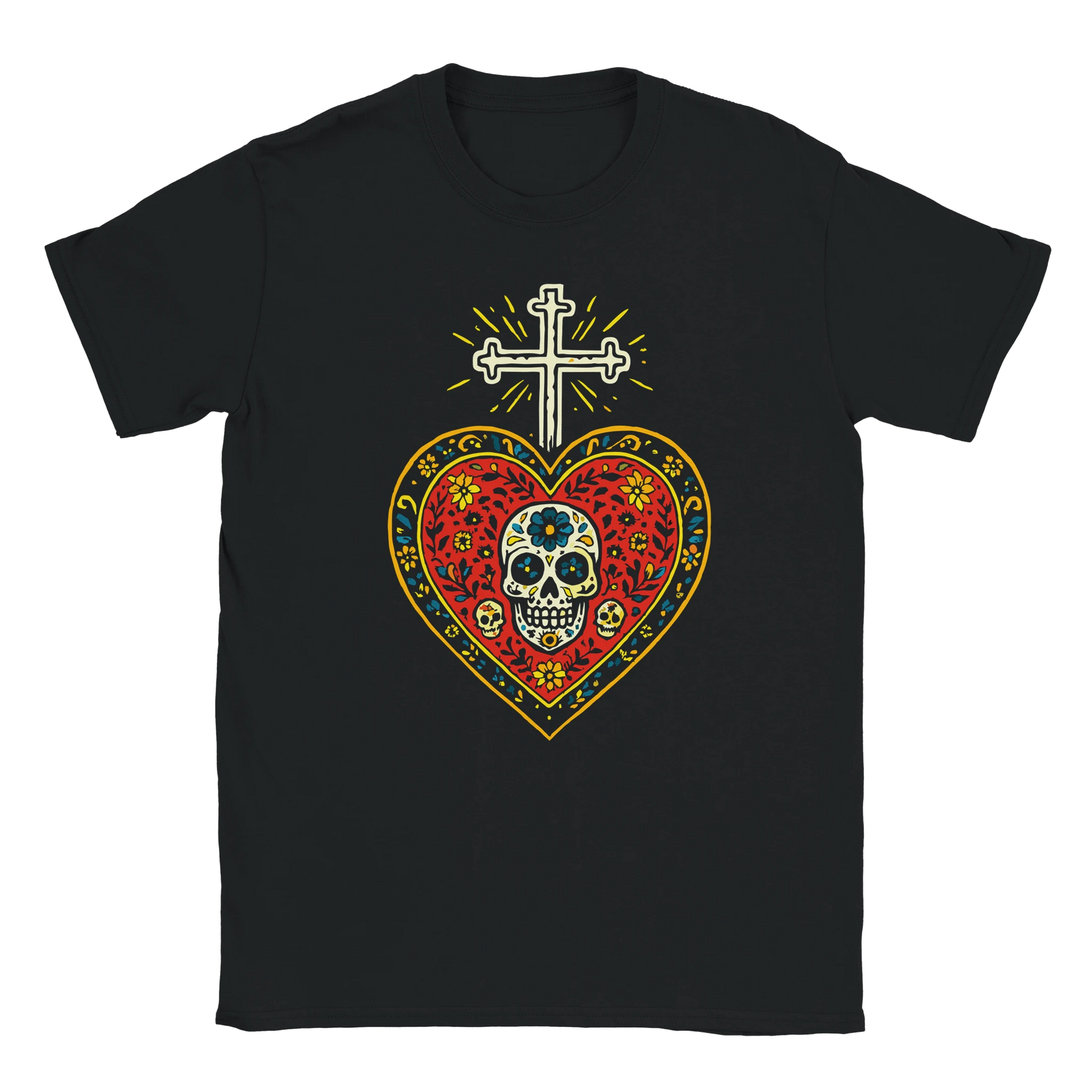 Día de los Muertos Sacred Skull Edition design on black T-shirt with sugar skull heart and glowing cross