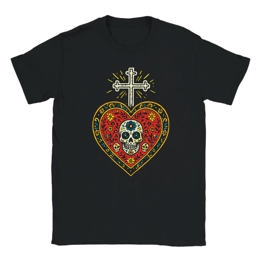 Día de los Muertos Sacred Skull Edition design on black T-shirt with sugar skull heart and glowing cross
