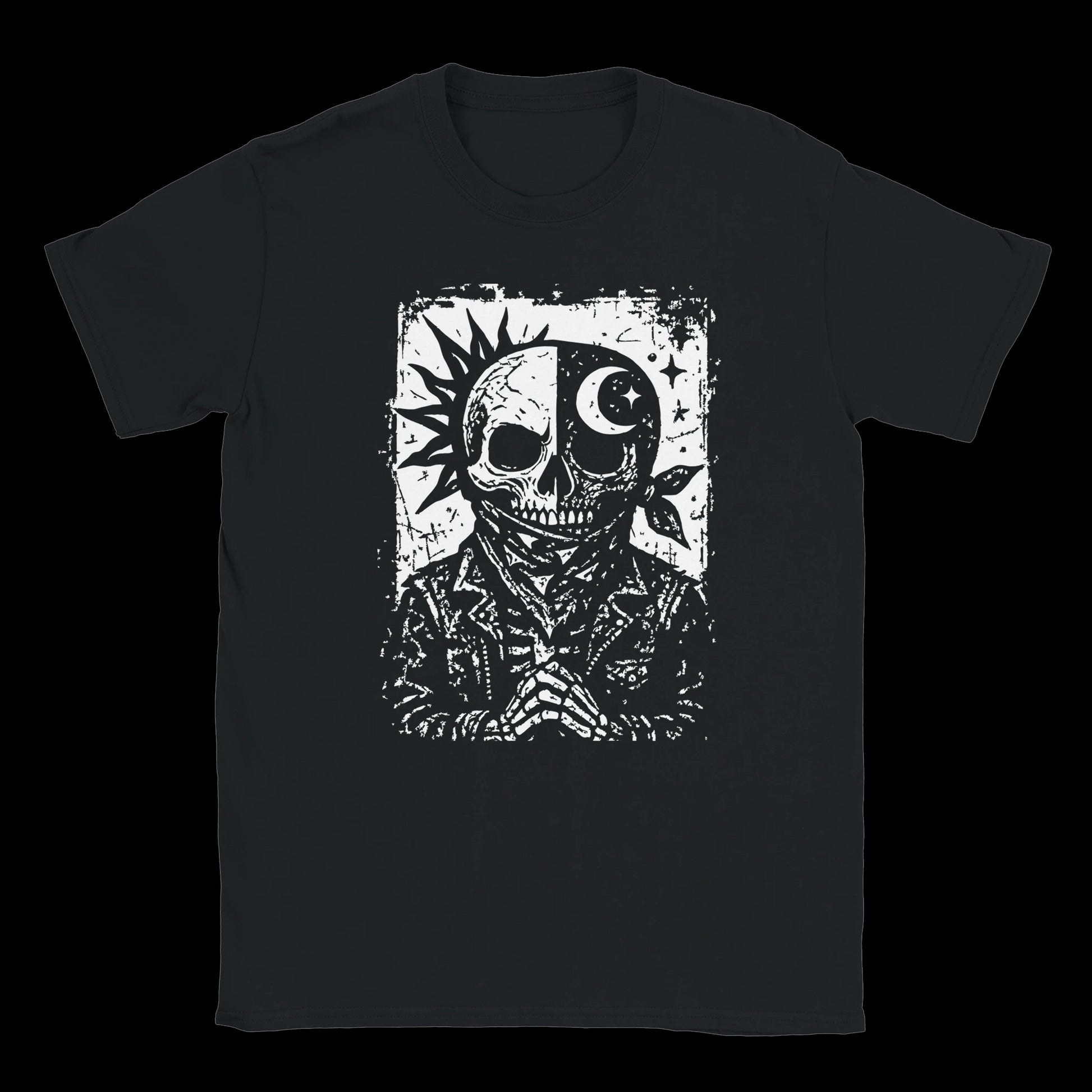 Grunge-style skull with split sun and moon face wearing jacket and bandana on black t-shirt