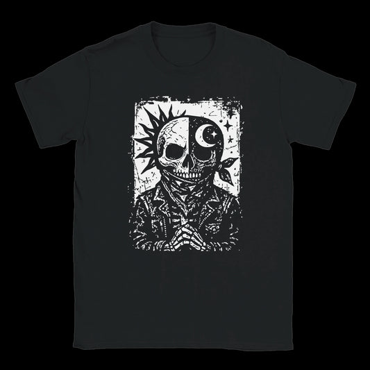 Grunge-style skull with split sun and moon face wearing jacket and bandana on black t-shirt