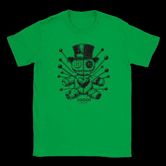 Voodoo doll with top hat and stitched heart surrounded by pins on green t-shirt
