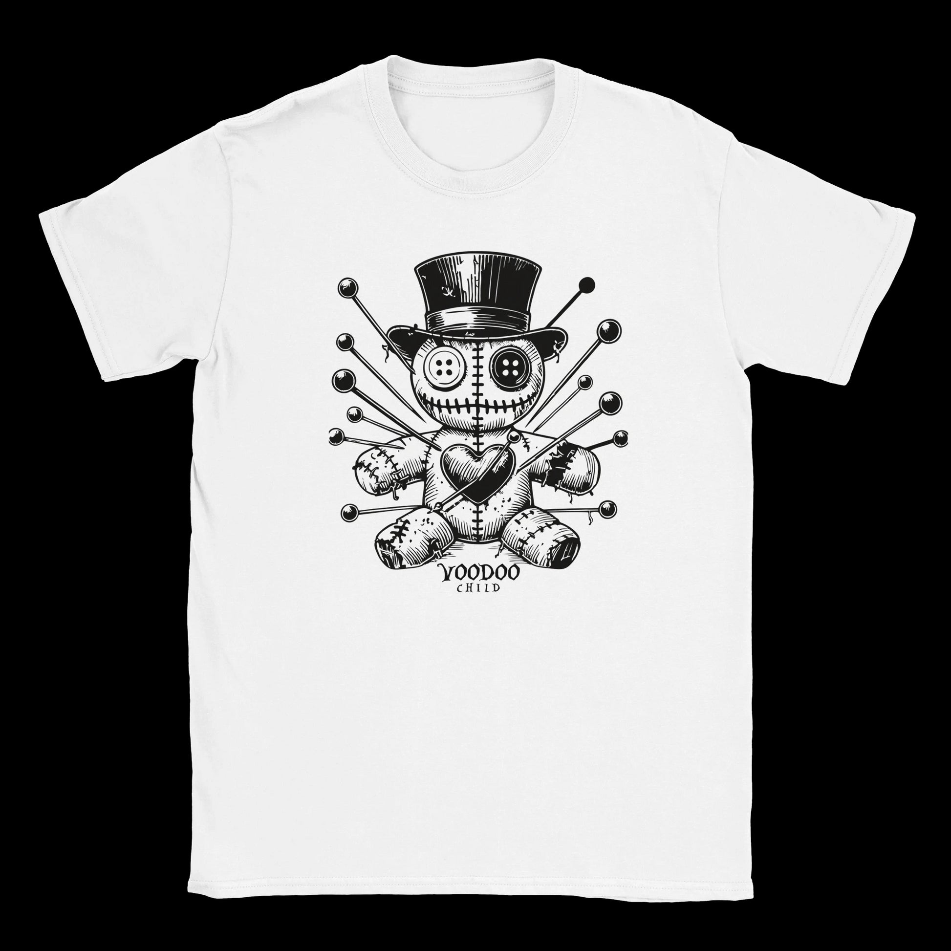 Voodoo doll with top hat and stitched heart surrounded by pins on white t-shirt
