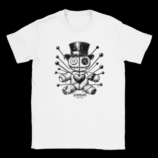 Voodoo doll with top hat and stitched heart surrounded by pins on white t-shirt
