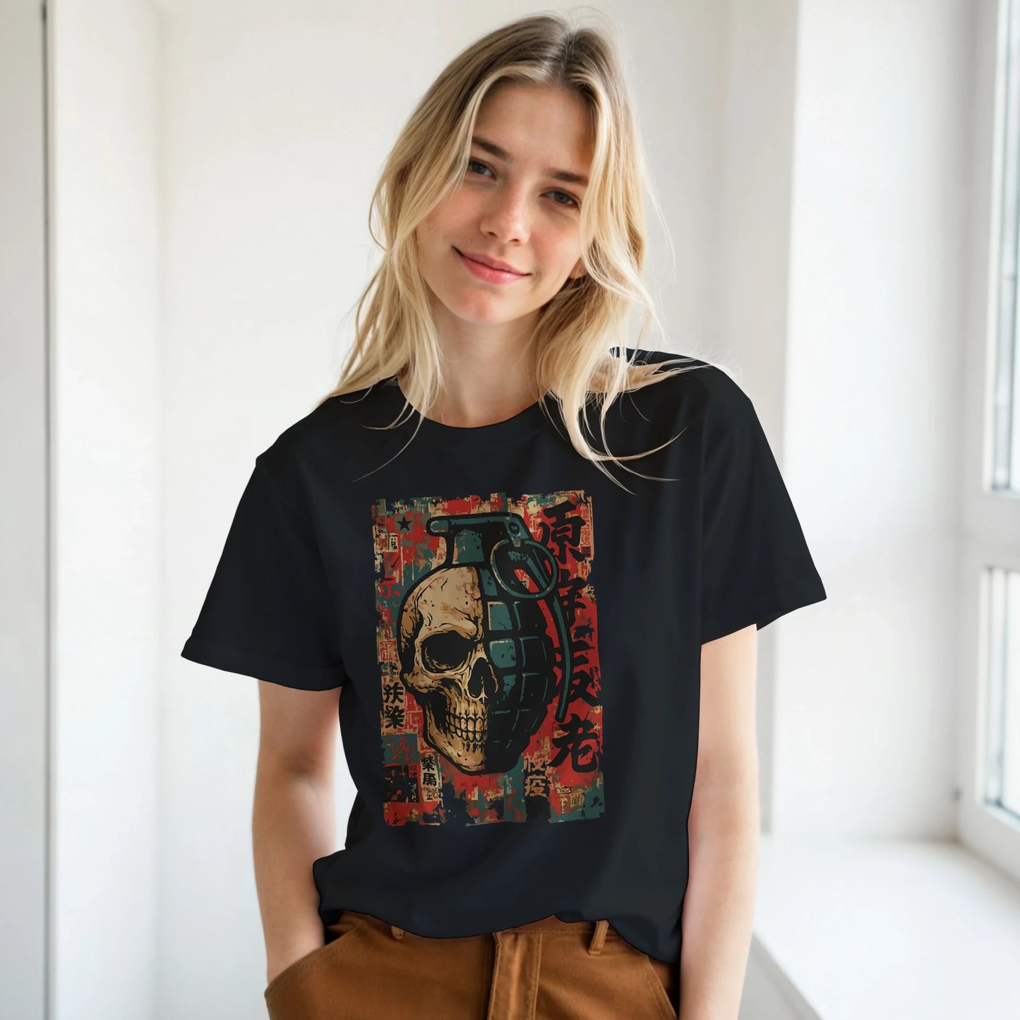 Skull Grenade design on black T-shirt with half skull half grenade and distressed graffiti background